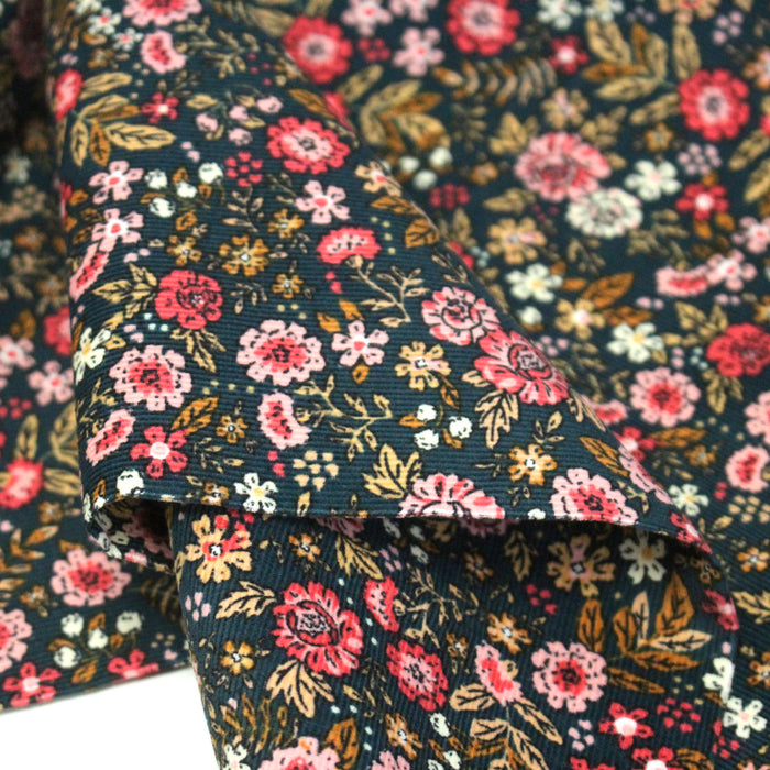 Tissu velours milleraies imprimé canard aux fines fleurs roses - STANDARD 100 OEKO-TEX
