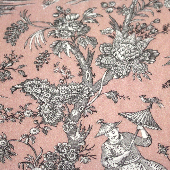 Tissu viscose fluide Toile de Jouy rose & grise, fin motif impérial chinois