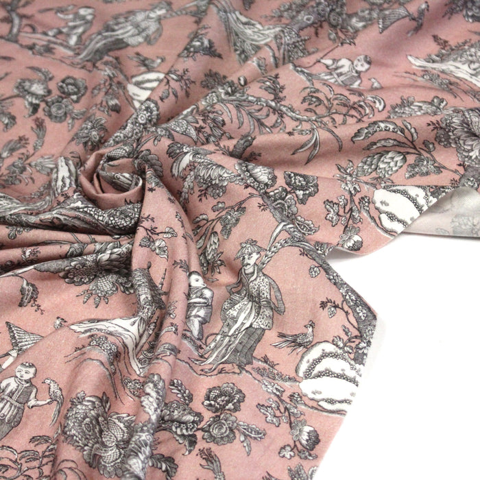 Tissu viscose fluide Toile de Jouy rose & grise, fin motif impérial chinois