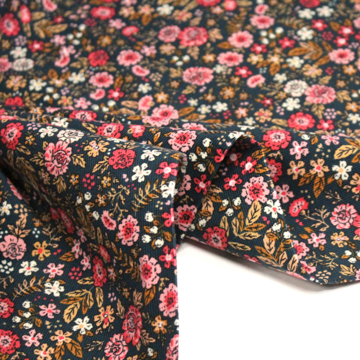 Tissu velours milleraies imprimé canard aux fines fleurs roses - STANDARD 100 OEKO-TEX