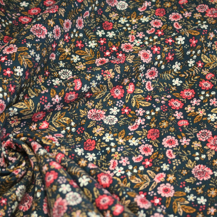 Tissu velours milleraies imprimé canard aux fines fleurs roses - STANDARD 100 OEKO-TEX