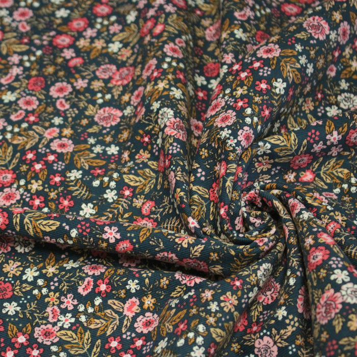 Tissu velours milleraies imprimé canard aux fines fleurs roses - STANDARD 100 OEKO-TEX