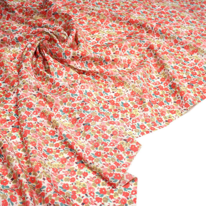 Tissu Viscose fluide fleuri rose, vert et corail