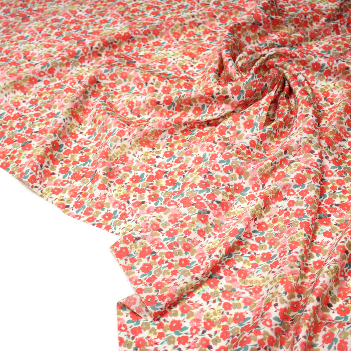 Tissu Viscose fluide fleuri rose, vert et corail