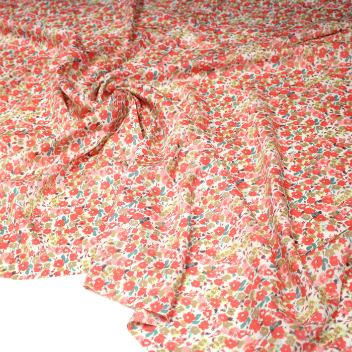 Tissu Viscose fluide fleuri rose, vert et corail