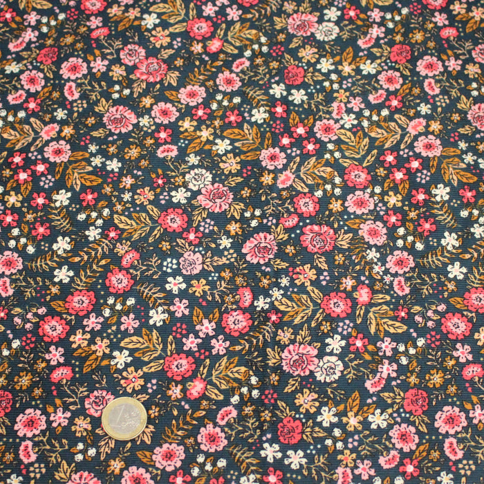 Tissu velours milleraies imprimé canard aux fines fleurs roses - STANDARD 100 OEKO-TEX