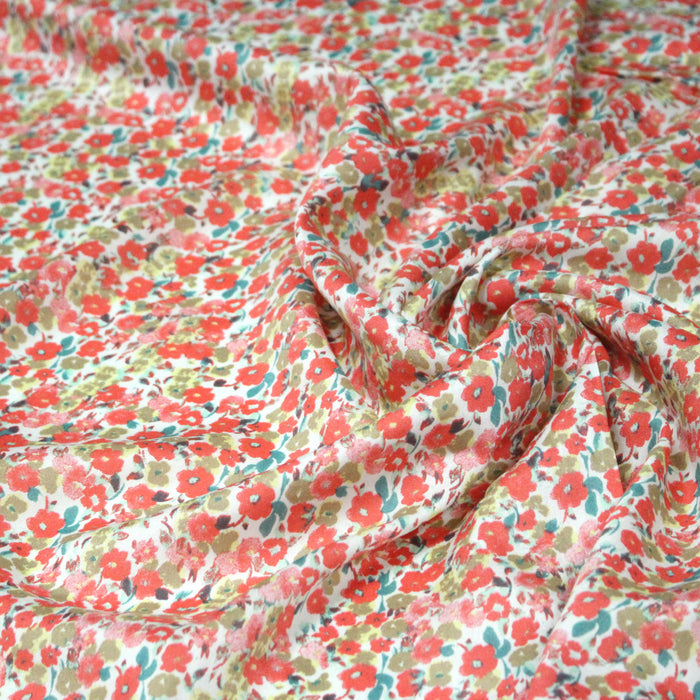 Tissu Viscose fluide fleuri rose, vert et corail