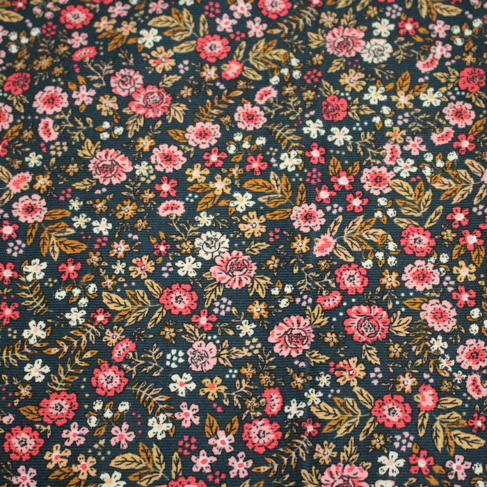 Tissu velours milleraies imprimé canard aux fines fleurs roses - STANDARD 100 OEKO-TEX
