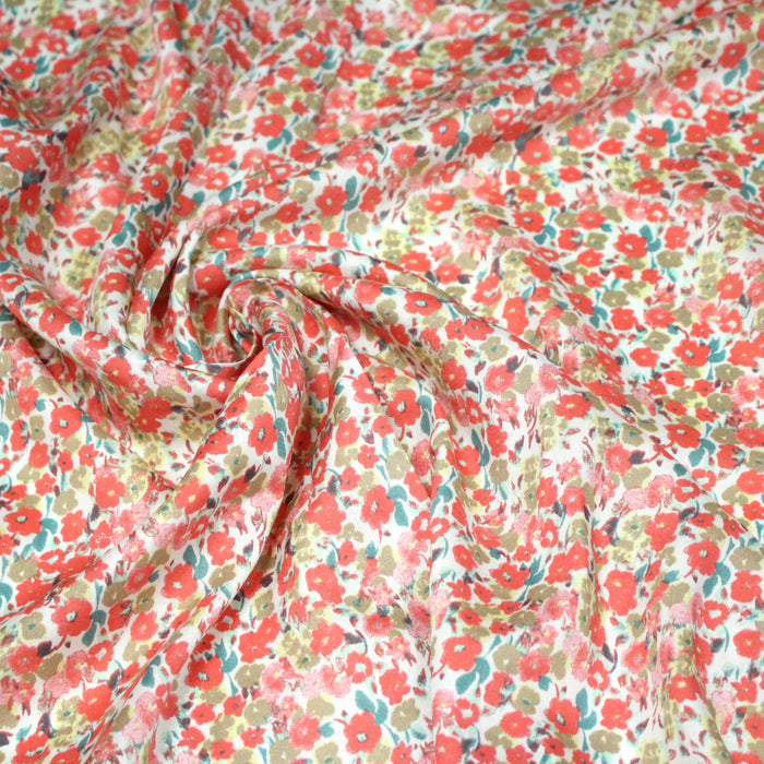 Tissu Viscose fluide fleuri rose, vert et corail