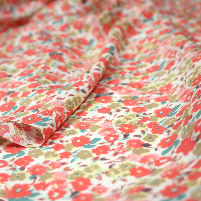 Tissu Viscose fluide fleuri rose, vert et corail