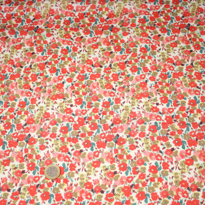 Tissu Viscose fluide fleuri rose, vert et corail