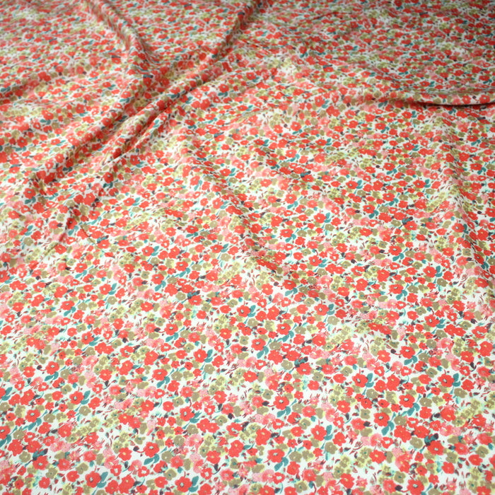 Tissu Viscose fluide fleuri rose, vert et corail