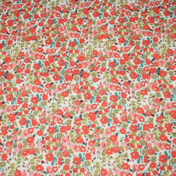 Tissu Viscose fluide fleuri rose, vert et corail