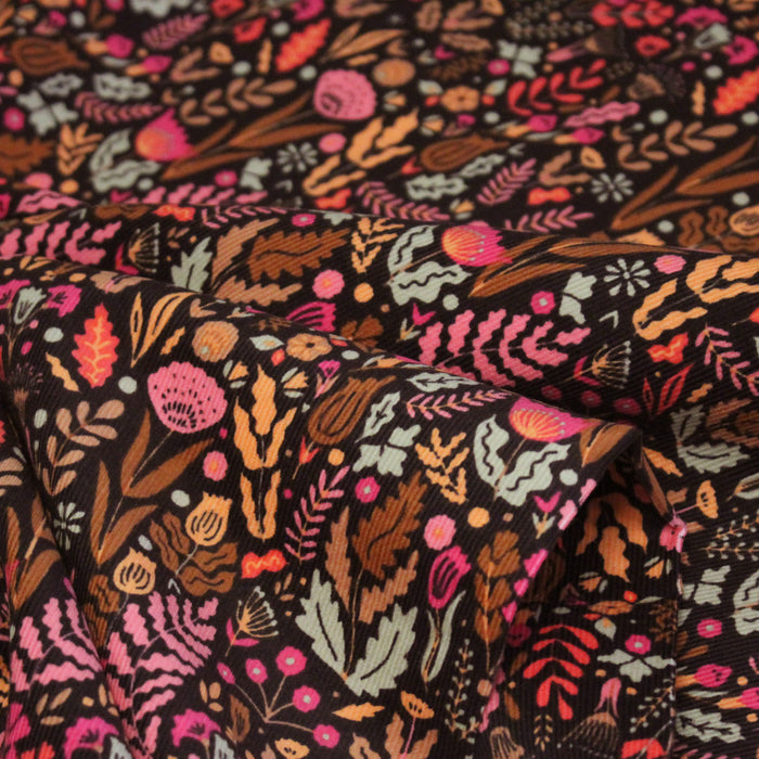 Tissu velours milleraies imprimé automnal, fleuri rose ocre corail - STANDARD 100 OEKO-TEX