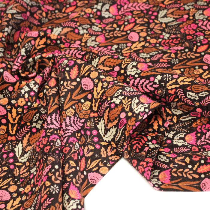 Tissu velours milleraies imprimé automnal, fleuri rose ocre corail - STANDARD 100 OEKO-TEX