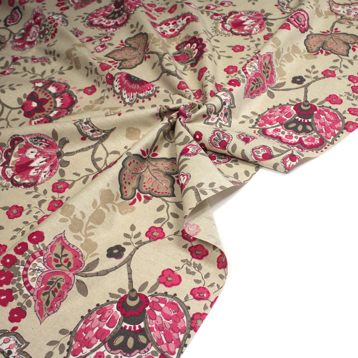 Tissu demi natté coton façon lin aux fleurs roses et taupe - COLLECTION KALAMKARI