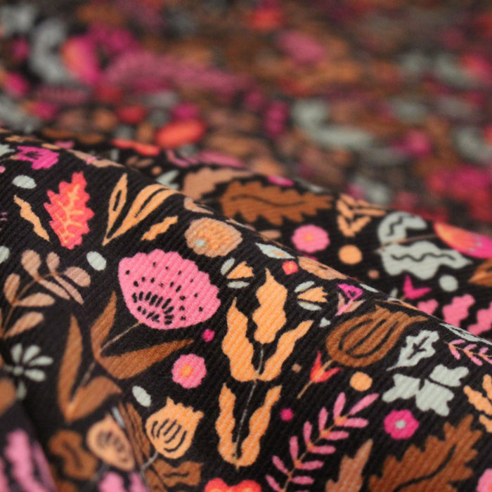 Tissu velours milleraies imprimé automnal, fleuri rose ocre corail - STANDARD 100 OEKO-TEX