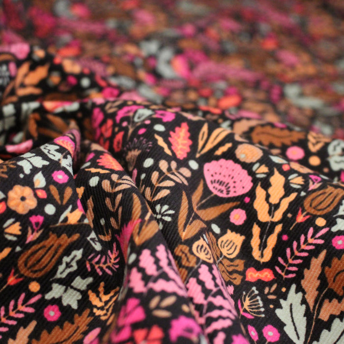 Tissu velours milleraies imprimé automnal, fleuri rose ocre corail - STANDARD 100 OEKO-TEX