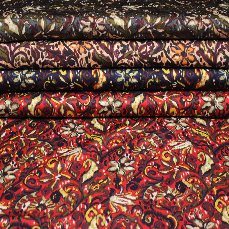 Tissu habillement satin duchesse, imprimé fleur indien multicolore : nombreuses couleurs - TissusPapi.com