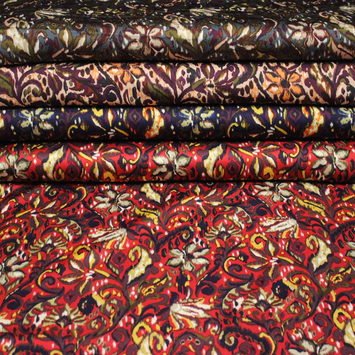 Tissu habillement satin duchesse, imprimé fleur indien multicolore : nombreuses couleurs - TissusPapi.com
