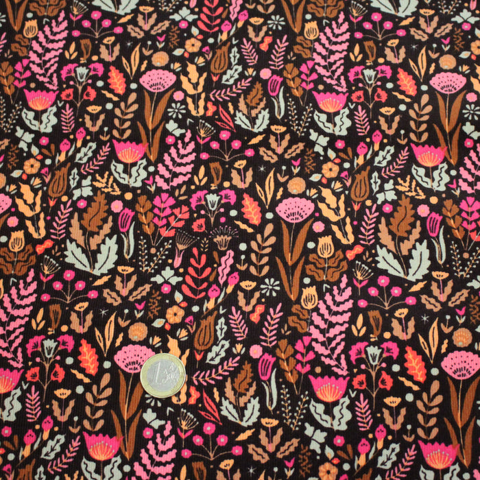 Tissu velours milleraies imprimé automnal, fleuri rose ocre corail - STANDARD 100 OEKO-TEX