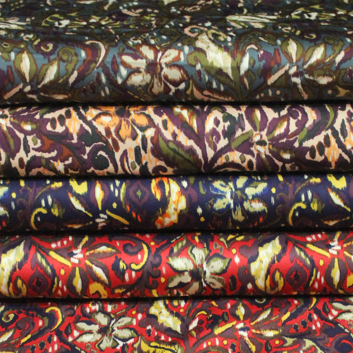 Tissu habillement satin duchesse, imprimé fleur indien multicolore : nombreuses couleurs - TissusPapi.com
