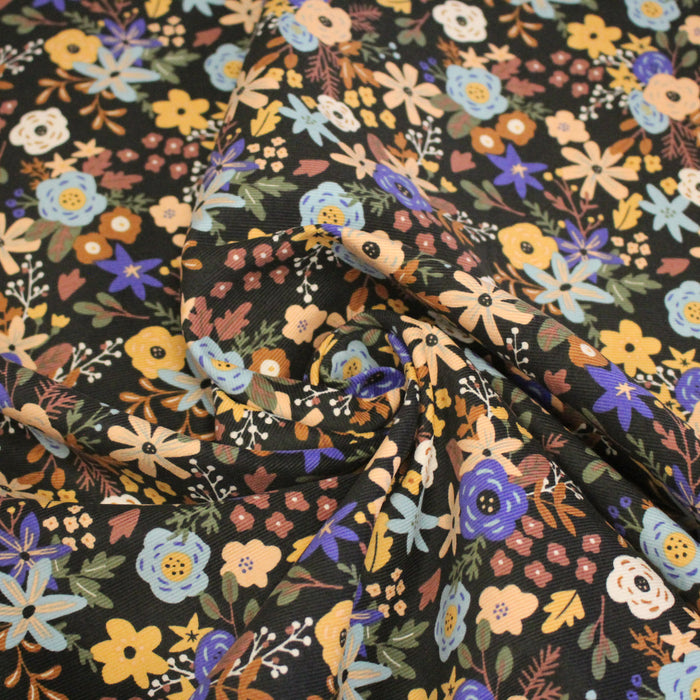 Tissu velours milleraies imprimé automnal, fleuri bleu marron vert - STANDARD 100 OEKO-TEX