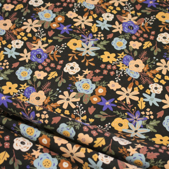 Tissu velours milleraies imprimé automnal, fleuri bleu marron vert - STANDARD 100 OEKO-TEX