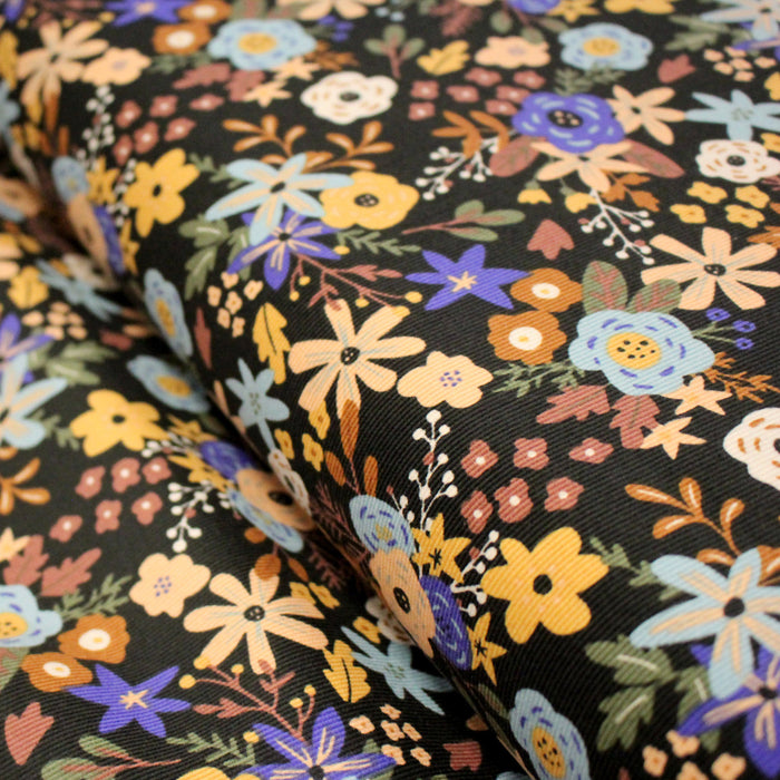 Tissu velours milleraies imprimé automnal, fleuri bleu marron vert - STANDARD 100 OEKO-TEX