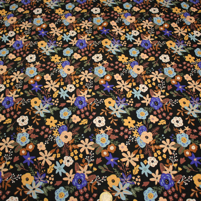 Tissu velours milleraies imprimé automnal, fleuri bleu marron vert - STANDARD 100 OEKO-TEX