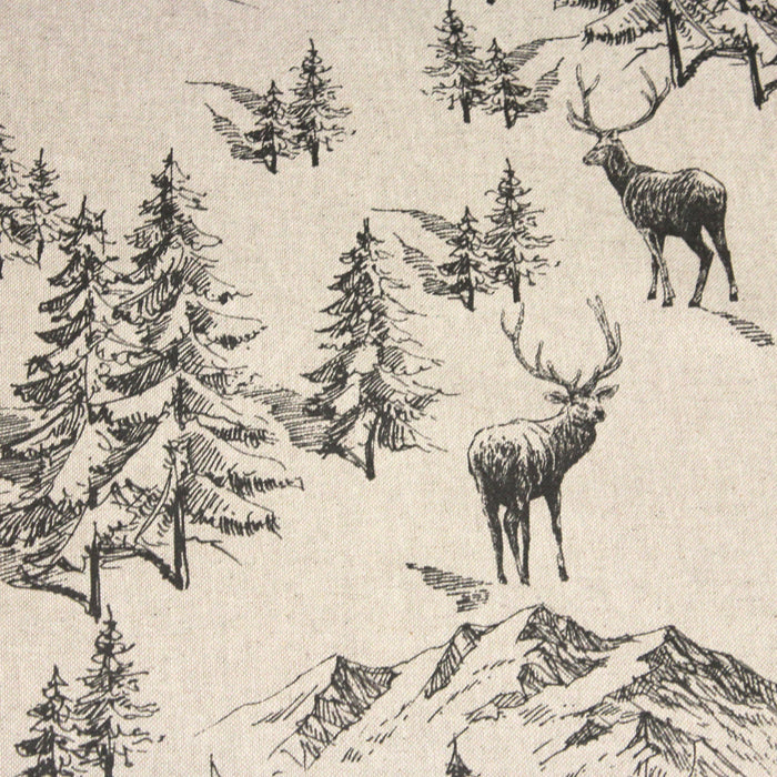 Tissu Toile de Jouy aux motifs montagnards, chalets et cerfs, fond lin