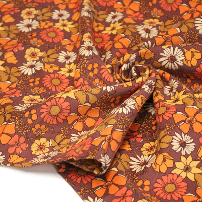Tissu velours milleraies imprimé Seventies, fleuri rouille & orange - STANDARD 100 OEKO-TEX