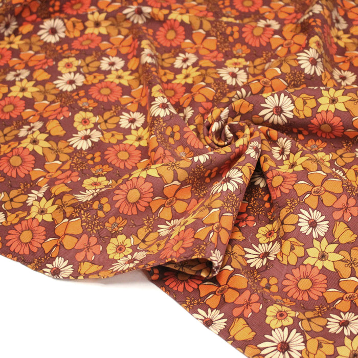 Tissu velours milleraies imprimé Seventies, fleuri rouille & orange - STANDARD 100 OEKO-TEX