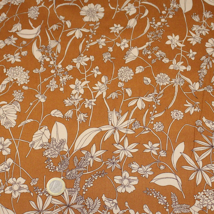 Tissu popeline de coton ocre aux fines fleurs et feuilles écrues - COLLECTION FLORALE