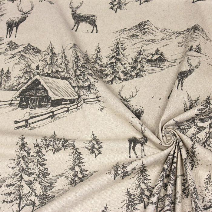 Tissu Toile de Jouy aux motifs montagnards, chalets et cerfs, fond lin