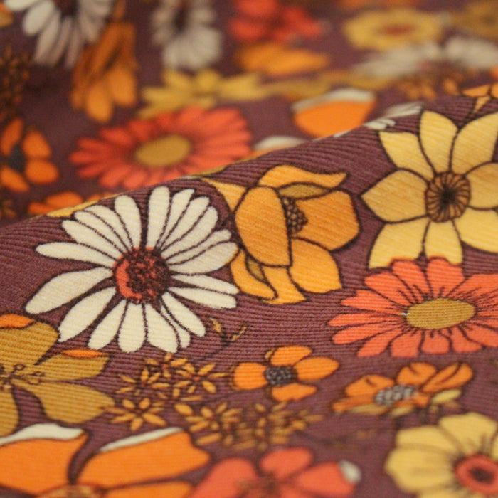 Tissu velours milleraies imprimé Seventies, fleuri rouille & orange - STANDARD 100 OEKO-TEX