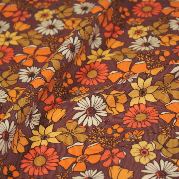 Tissu velours milleraies imprimé Seventies, fleuri rouille & orange - STANDARD 100 OEKO-TEX