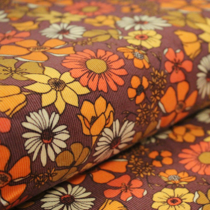 Tissu velours milleraies imprimé Seventies, fleuri rouille & orange - STANDARD 100 OEKO-TEX