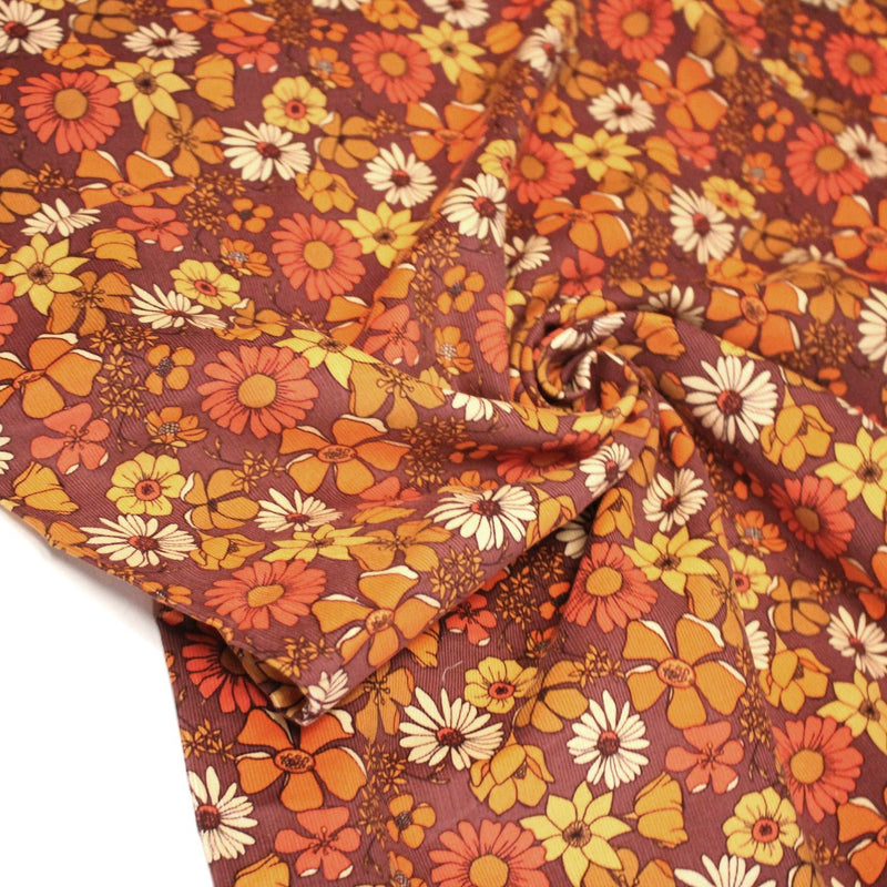 Tissu velours milleraies imprimé Seventies, fleuri rouille & orange - STANDARD 100 OEKO - TEX - TissusPapi.com