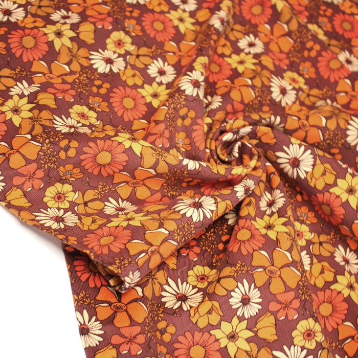Tissu velours milleraies imprimé Seventies, fleuri rouille & orange - STANDARD 100 OEKO-TEX