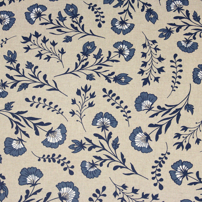 Tissu Toile de Jouy aux fleurs bleues et blanches, fond lin - OEKO-TEX®