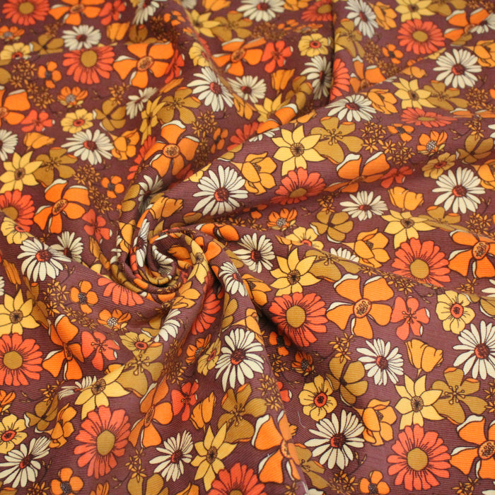 Tissu velours milleraies imprimé Seventies, fleuri rouille & orange - STANDARD 100 OEKO-TEX