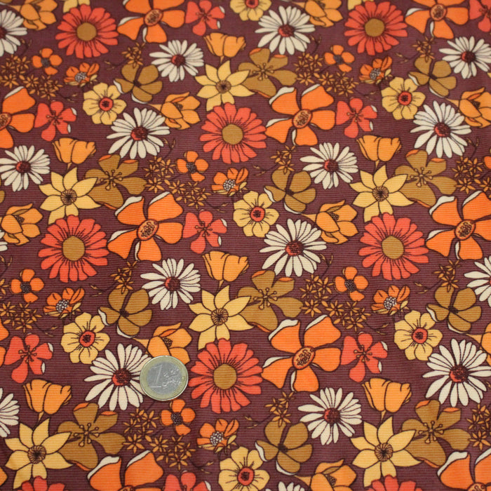 Tissu velours milleraies imprimé Seventies, fleuri rouille & orange - STANDARD 100 OEKO-TEX
