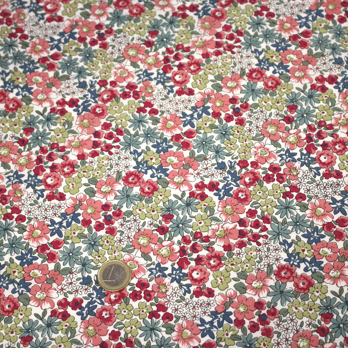 Tissu popeline de coton aux fines fleurs roses et vertes - COLLECTION FLORALE