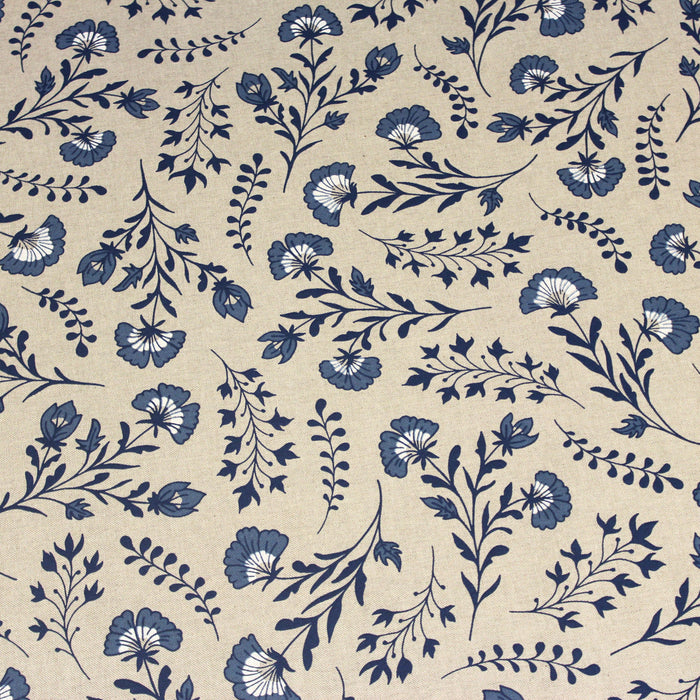 Tissu Toile de Jouy aux fleurs bleues et blanches, fond lin - OEKO-TEX®