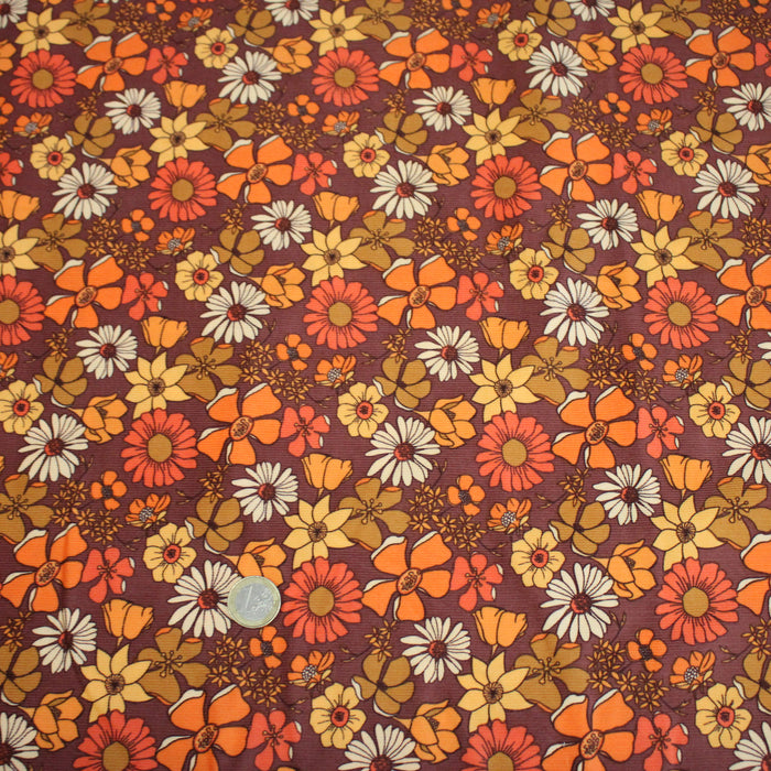 Tissu velours milleraies imprimé Seventies, fleuri rouille & orange - STANDARD 100 OEKO-TEX