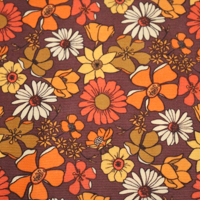 Tissu velours milleraies imprimé Seventies, fleuri rouille & orange - STANDARD 100 OEKO-TEX