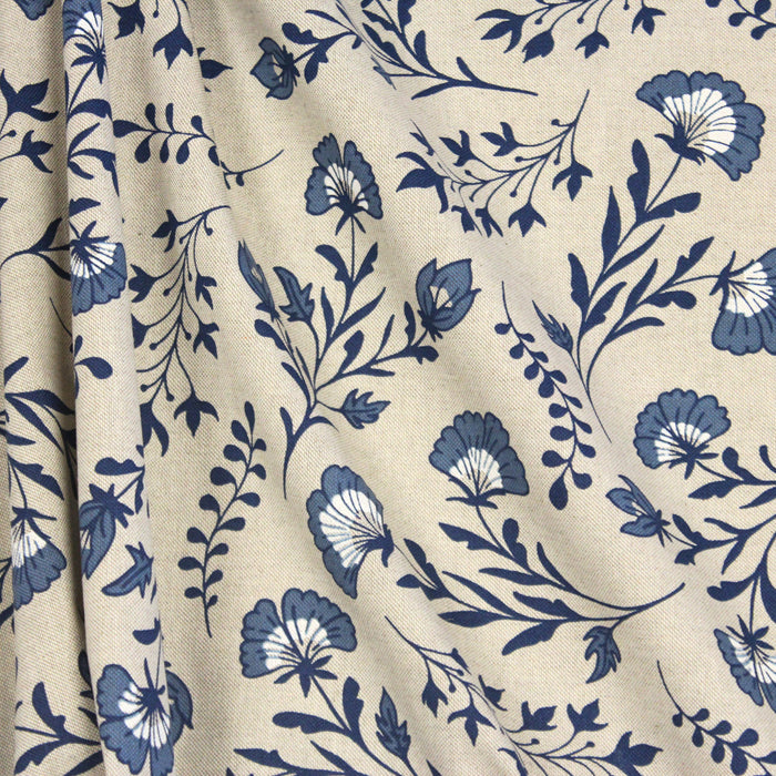 Tissu Toile de Jouy aux fleurs bleues et blanches, fond lin - OEKO-TEX
