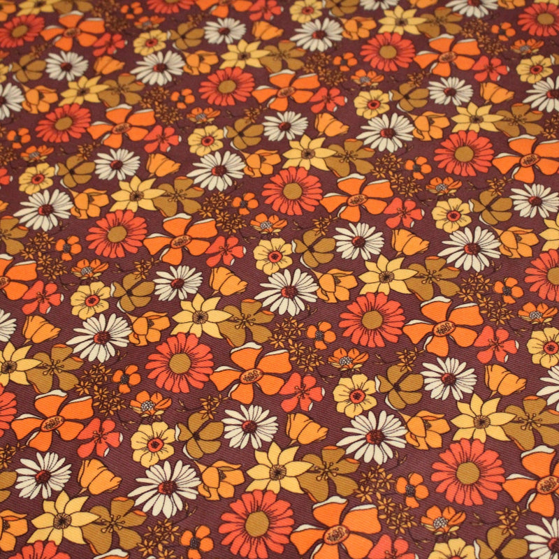 Tissu velours milleraies imprimé Seventies, fleuri rouille & orange - STANDARD 100 OEKO - TEX - TissusPapi.com