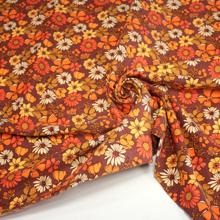 Tissu velours milleraies imprimé Seventies, fleuri rouille & orange - STANDARD 100 OEKO-TEX